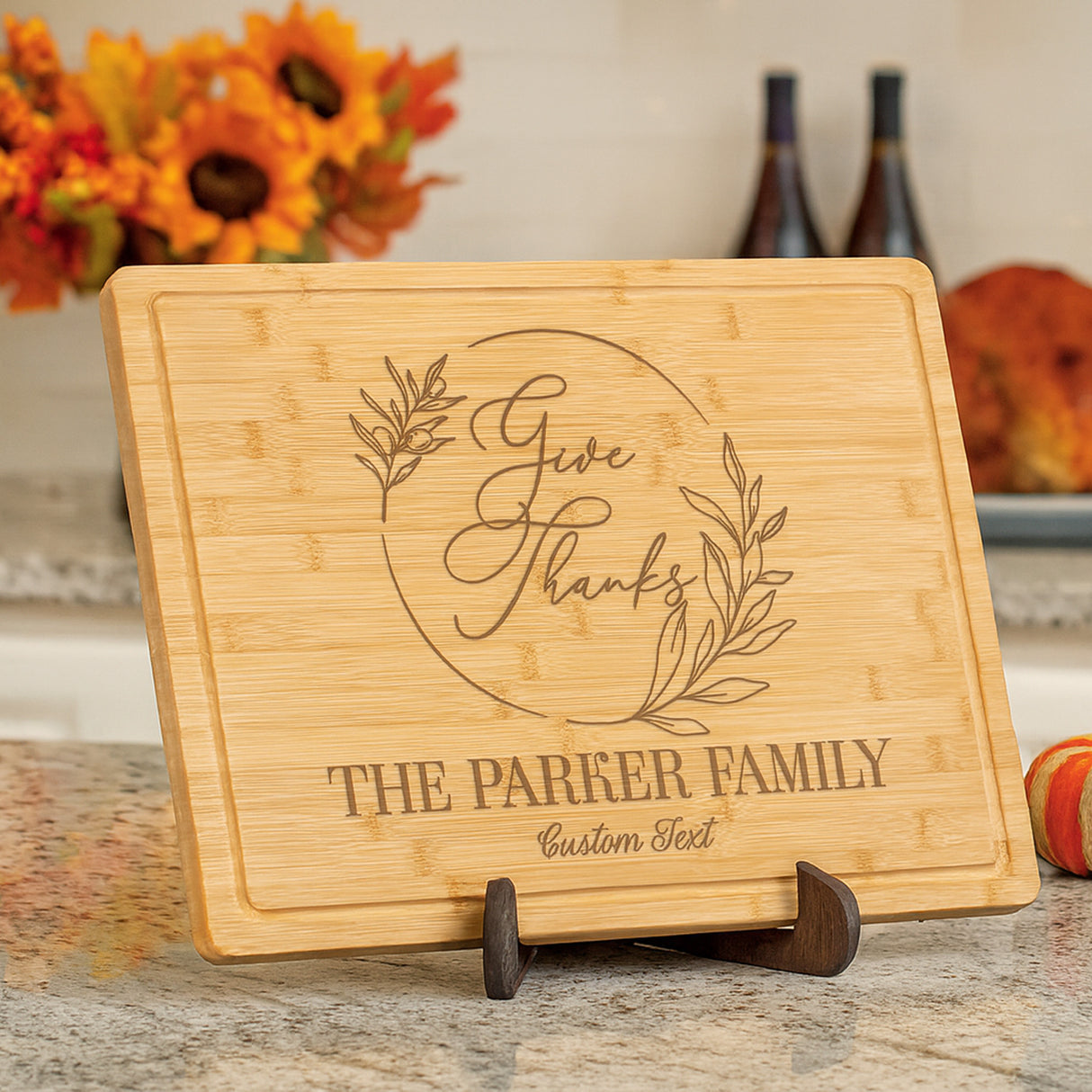 Give Thanks with Wreath Personalized Cutting Board for Thanksgiving, Custom Family Gifts