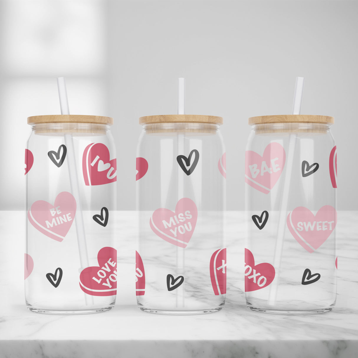 Cute and Humorous Valentines Day Glass Iced Coffee Tumblers in Multiple Designs