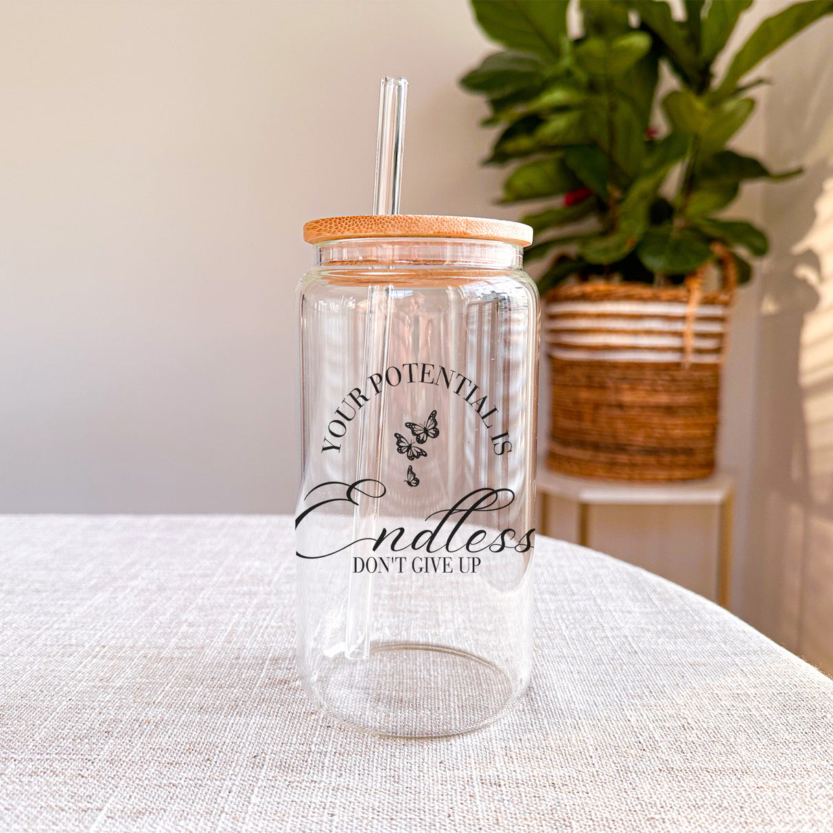 Your Potential Is Endless 16oz Clear Glass Can. Great motivational cup to inspire and affirm.