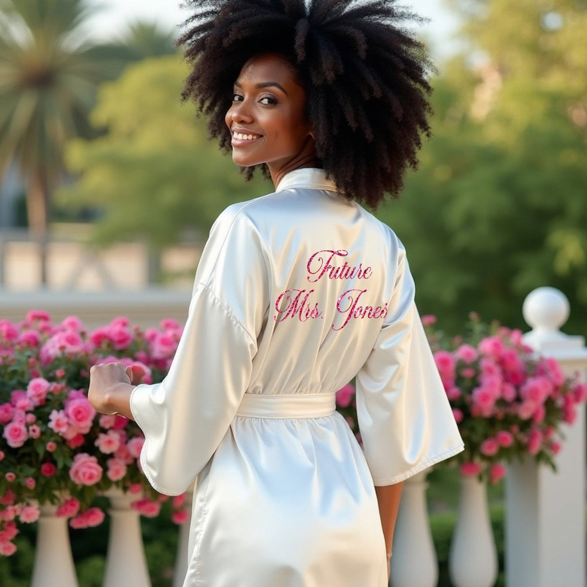 Personalized bride robe with custom text.