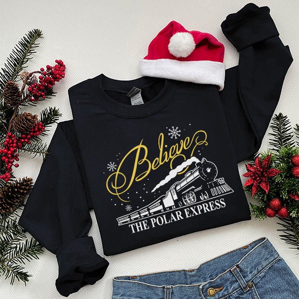 Cute Believe Polar Express Christmas Sweatshirt for All Ages - Gifts Are Blue