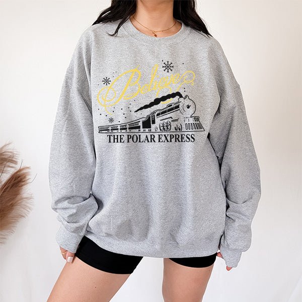 Cute Believe Polar Express Christmas Sweatshirt for All Ages - Gifts Are Blue