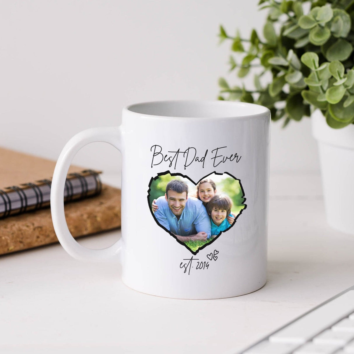 Personalized coffee mug for dad with custom photo and text for Father’s Day. Photo mug gift for dad from kids or wife.