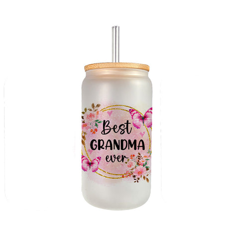Pink Floral Best Grandma Ever and Best Mom Ever Frosted and Clear Iced Coffee Glass Tumbler