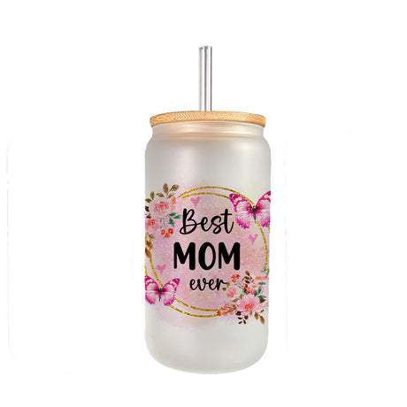 Pink Floral Best Grandma Ever and Best Mom Ever Frosted and Clear Iced Coffee Glass Tumbler
