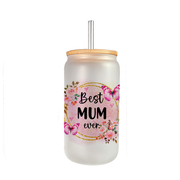 Pink Floral Best Grandma Ever and Best Mom Ever Frosted and Clear Iced Coffee Glass Tumbler