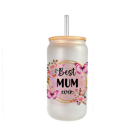 Pink Floral Best Grandma Ever and Best Mom Ever Frosted and Clear Iced Coffee Glass Tumbler