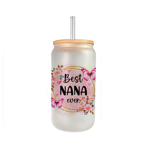 Pink Floral Best Grandma Ever and Best Mom Ever Frosted and Clear Iced Coffee Glass Tumbler