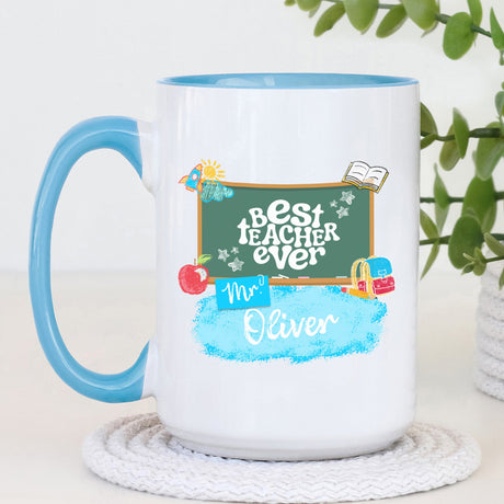 Personalized Best Teacher Ever Mug with Name, custom coffee cup for male teacher.