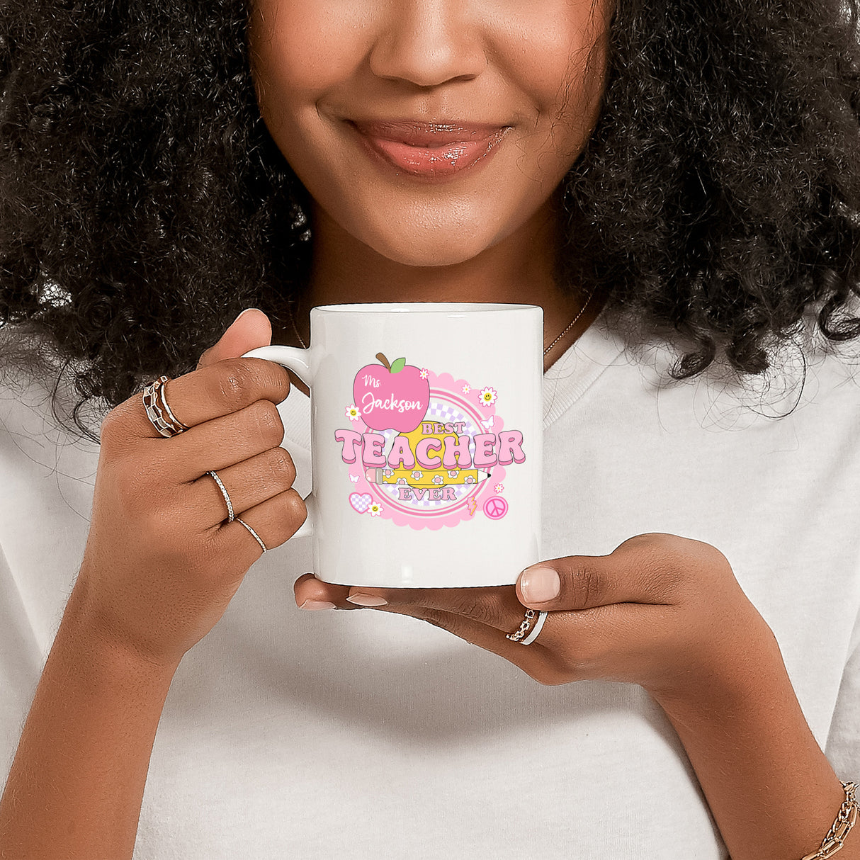 Custom name Best Teacher Ever mug, pink teacher appreciation gift for women. The easiest gift for teacher appreciation week.