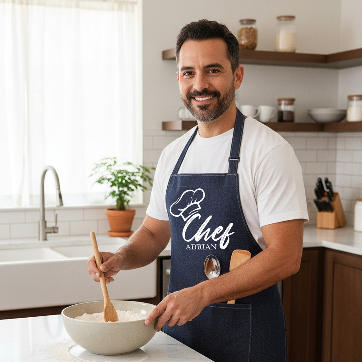 Chef Hat w Name Personalized Apron w Pocket, Custom Gifts for Dad and Grandpa