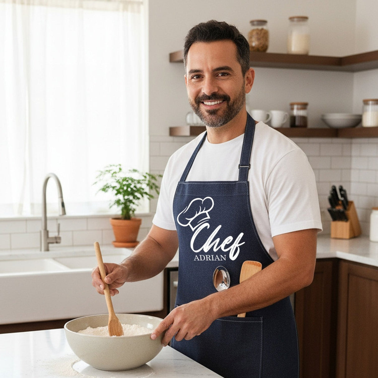 Chef Hat w Name Personalized Apron w Pocket, Custom Gifts for Dad and Grandpa - Gifts Are Blue