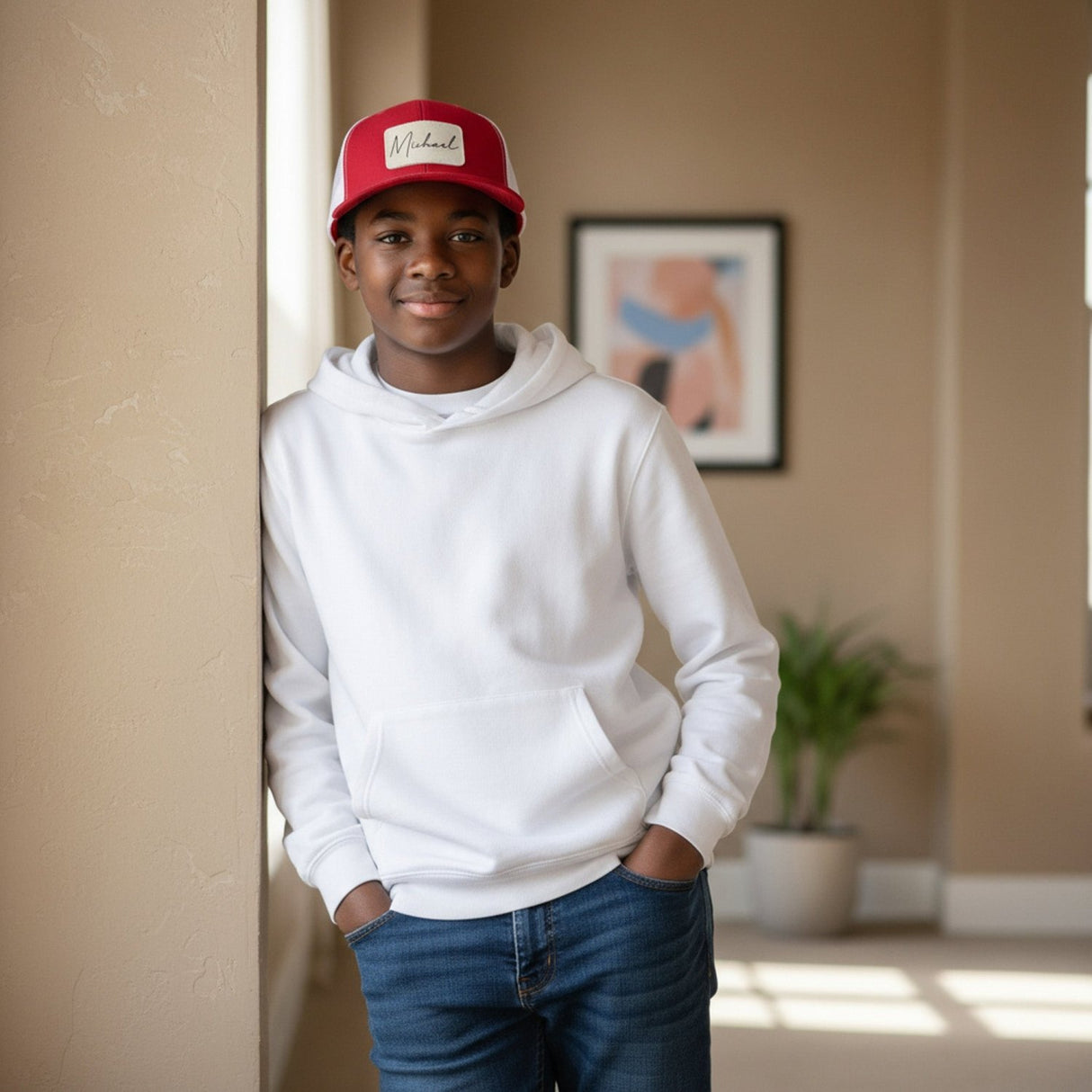 Youth Personalized Snapback Hat with Leather Patch, for Teen Boys & Kids - Gifts Are Blue
