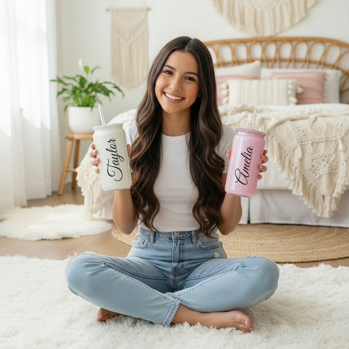 Rhinestone Glass Shimmer Cup with Straw, Custom Name, 16oz