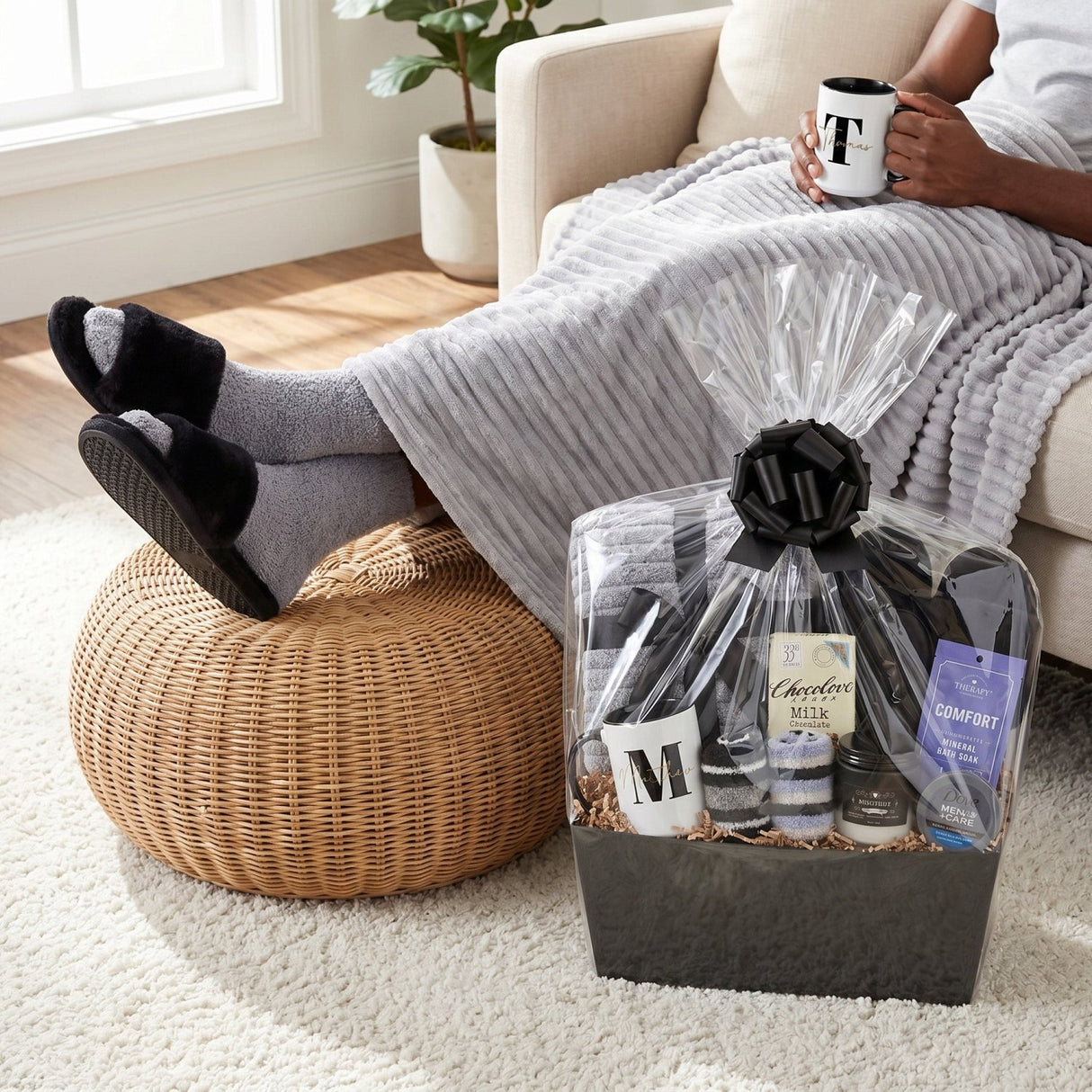 Midnight Lounge Self Care Gift Basket for Men with Slippers and Blanket - Gifts Are Blue