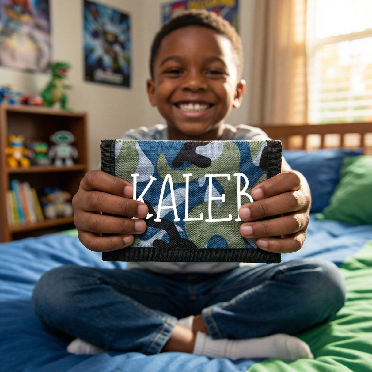 Camo Personalized Wallets for Kids with Name, Gifts for Boys - Gifts Are Blue