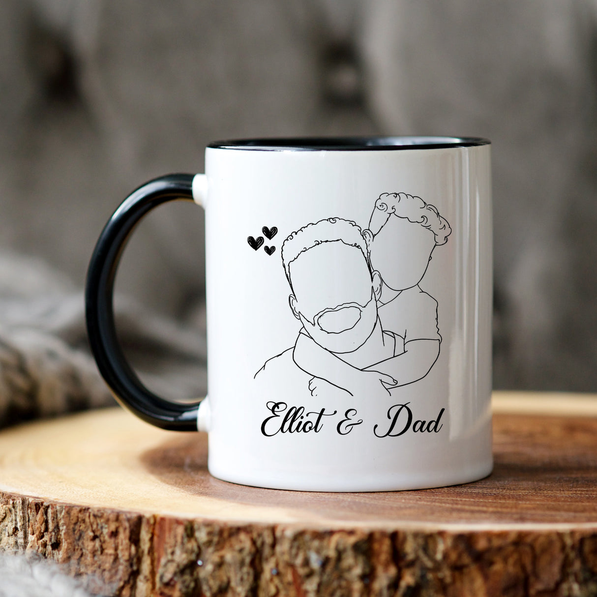 Personalized photo mug with names turned into line art, unique birthday or Christmas gift idea for Dad.