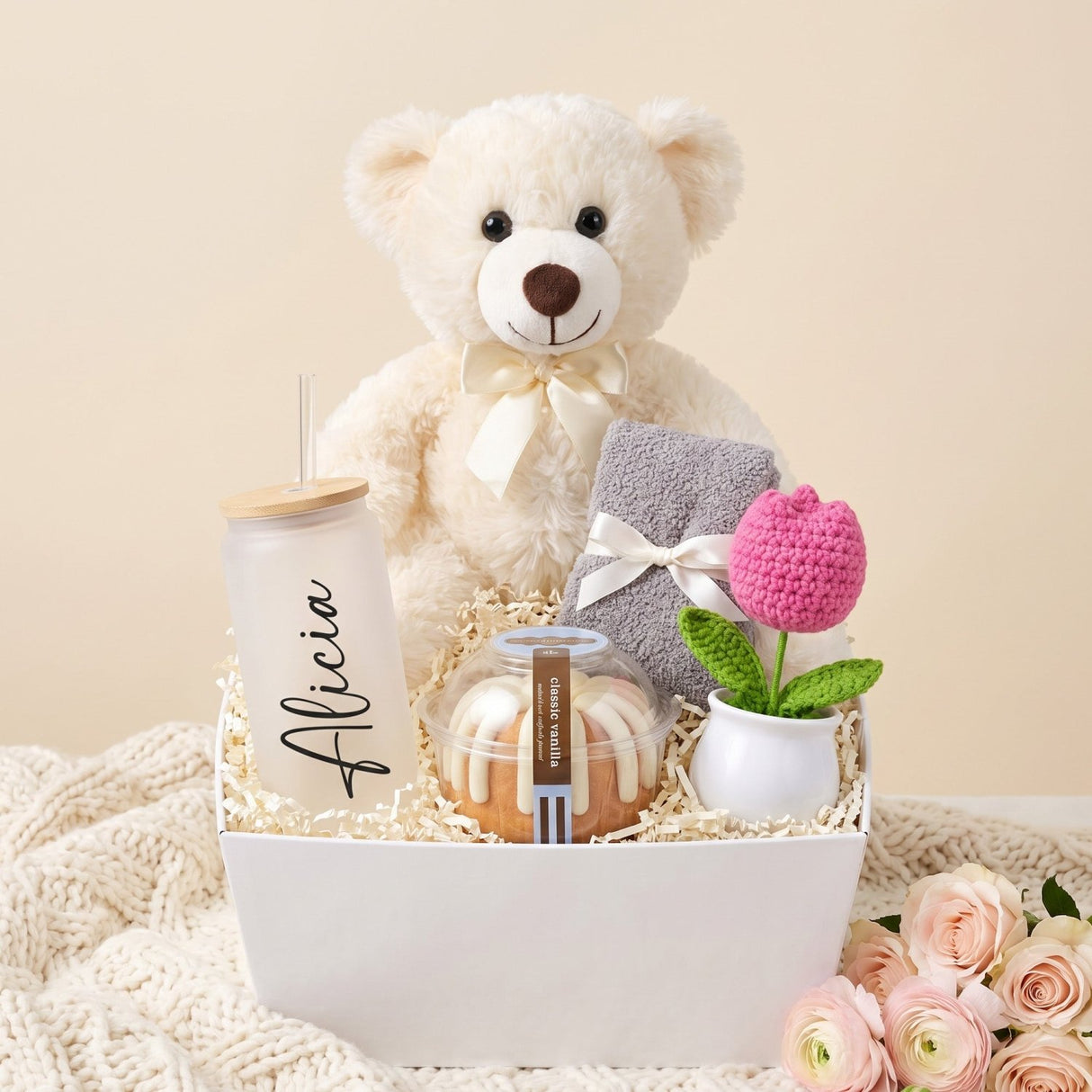 Cozy Cake Break Gift Basket with Bundt Cake, Teddy Bear & Glass Tumbler - Gifts Are Blue