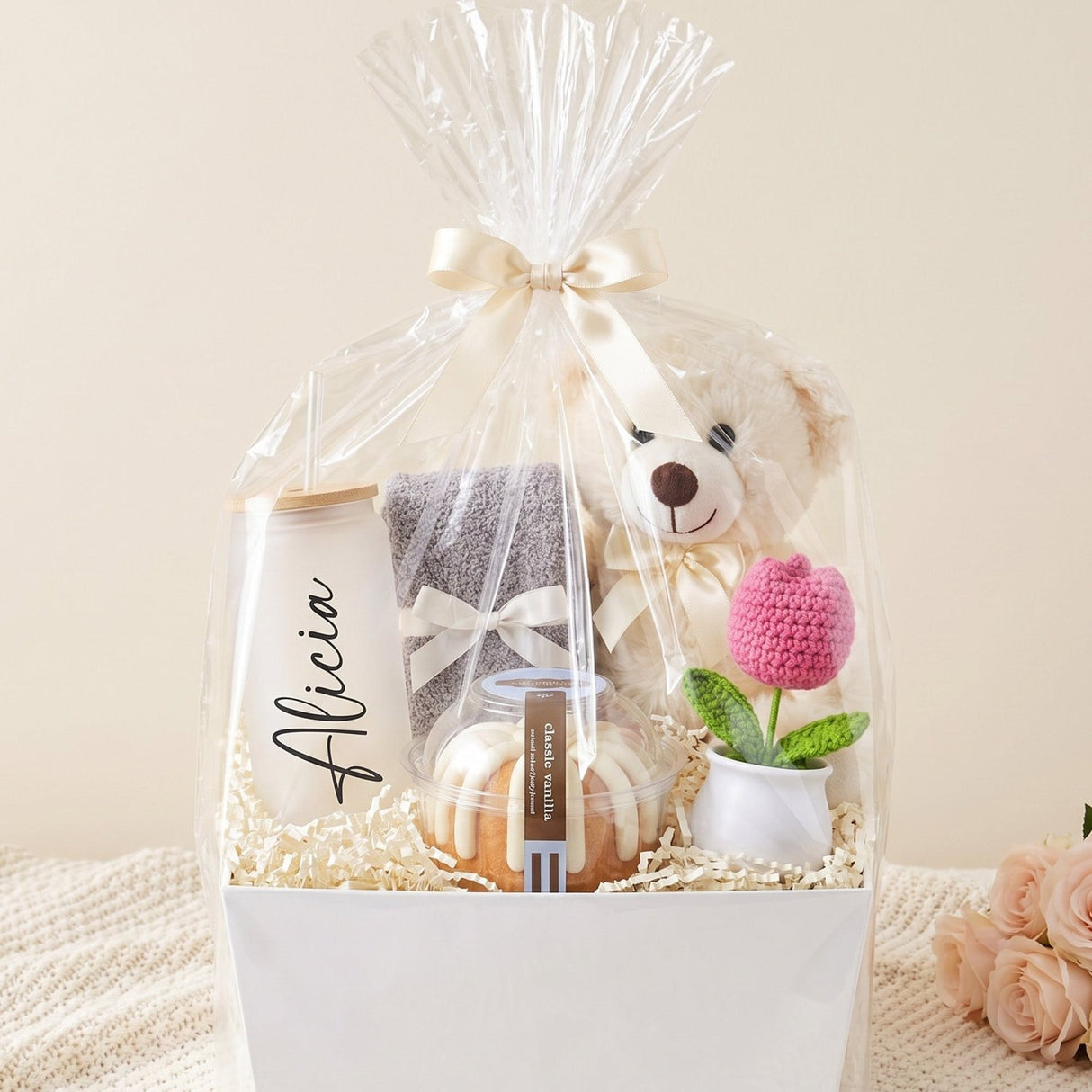 Cozy Cake Break Gift Basket with Bundt Cake, Teddy Bear & Glass Tumbler - Gifts Are Blue