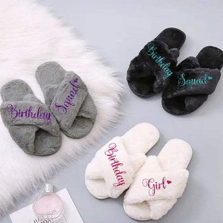 Personalized Fluffy Birthday Slippers for Birthday Girl and Squad Custom Party Slippers Gift.