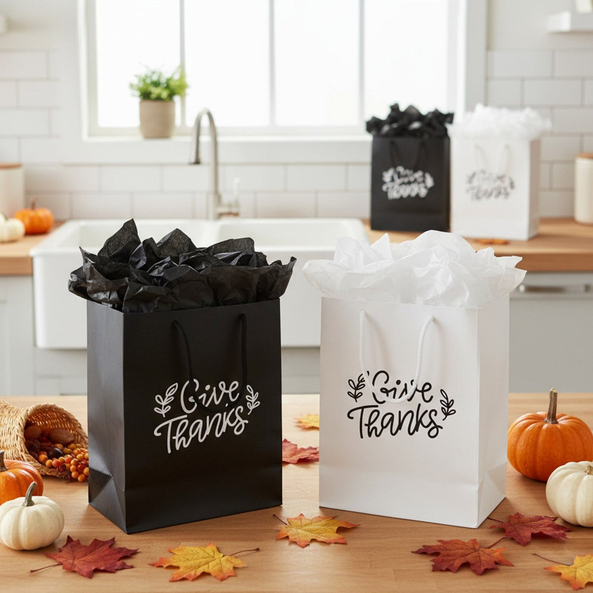 Minimalist Give Thanks Gifts Bags with Tissue Paper for Thanksgiving Party Favors - Gifts Are Blue