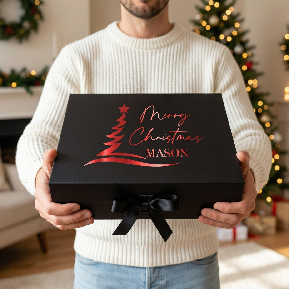 Multi Design Personalized Empty Christmas Gift Boxes w Magnetic Lid, Bow and Crinkle Paper - Gifts Are Blue