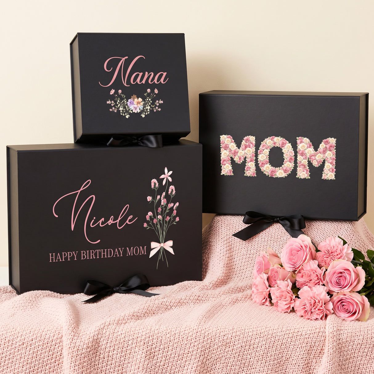 Multi Design Personalized Empty Mom Gift Box w Magnetic Lid, Bow and Crinkle Paper
