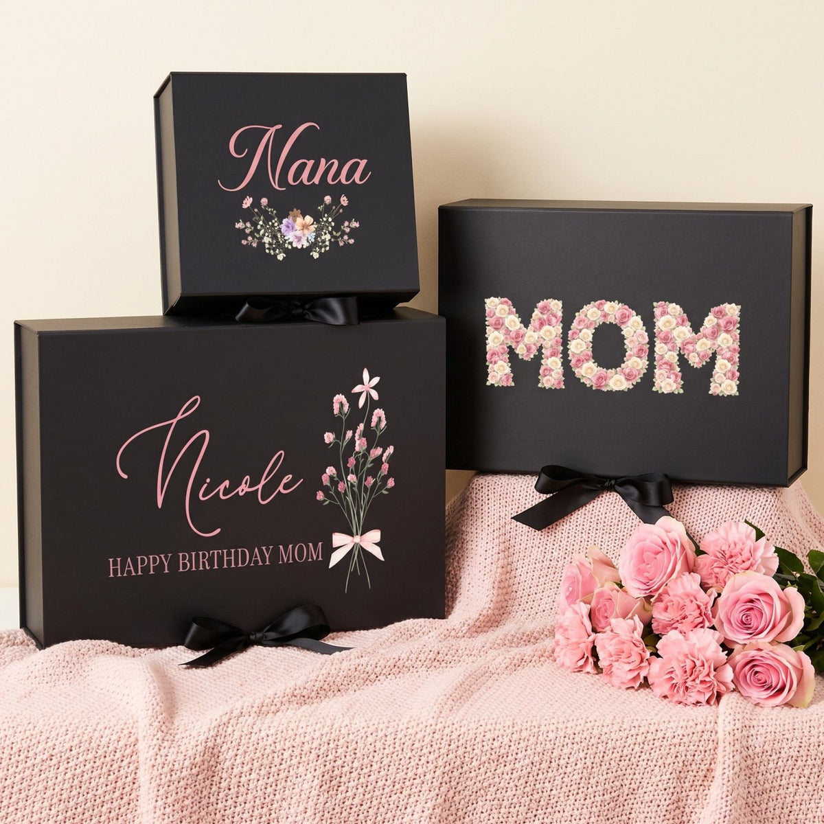 Multi Design Personalized Empty Mom Gift Box w Magnetic Lid, Bow and Crinkle Paper - Gifts Are Blue