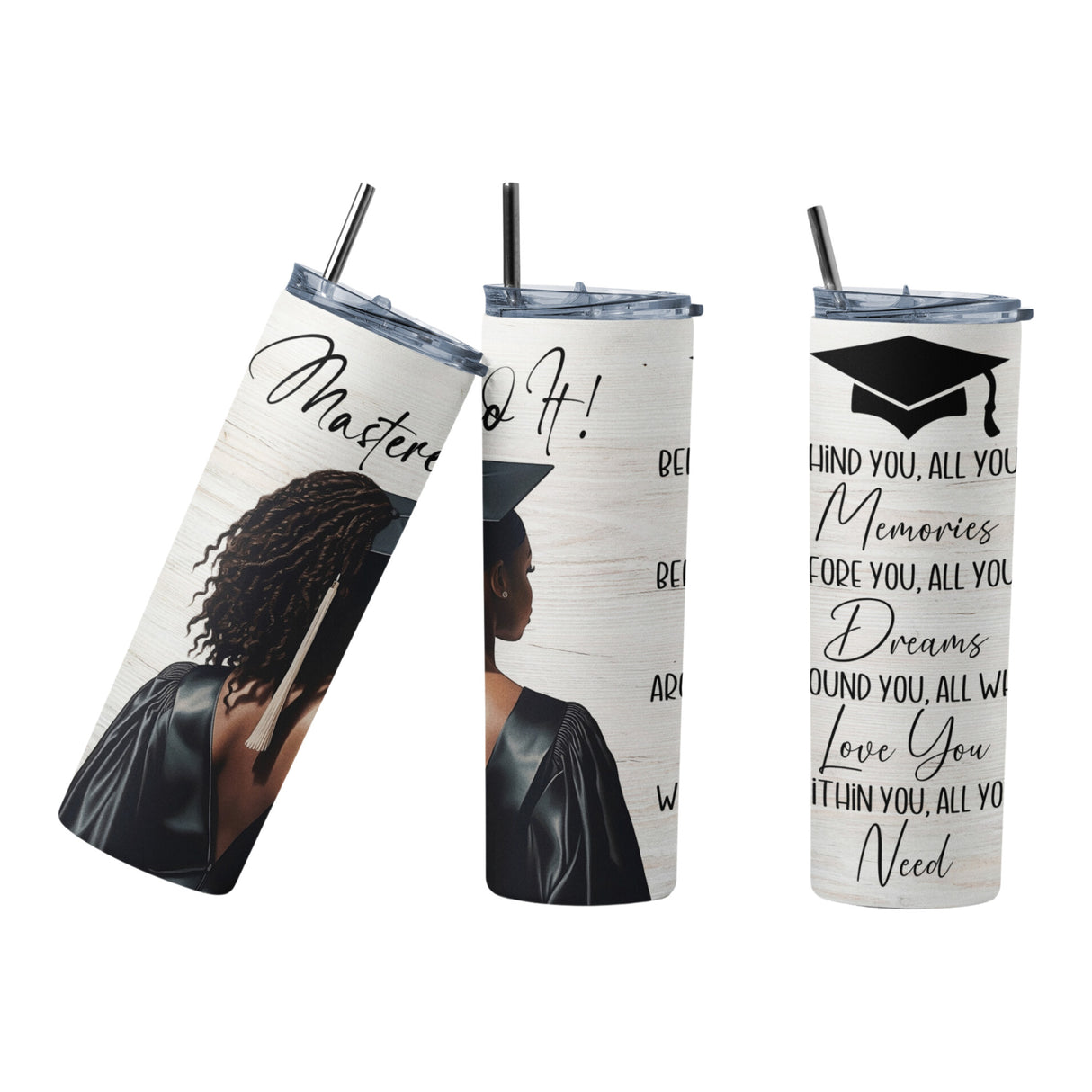 Illustrated Black female student in graduation cap with Mastered It text, sentimental tumbler for Master’s Class of 2025.