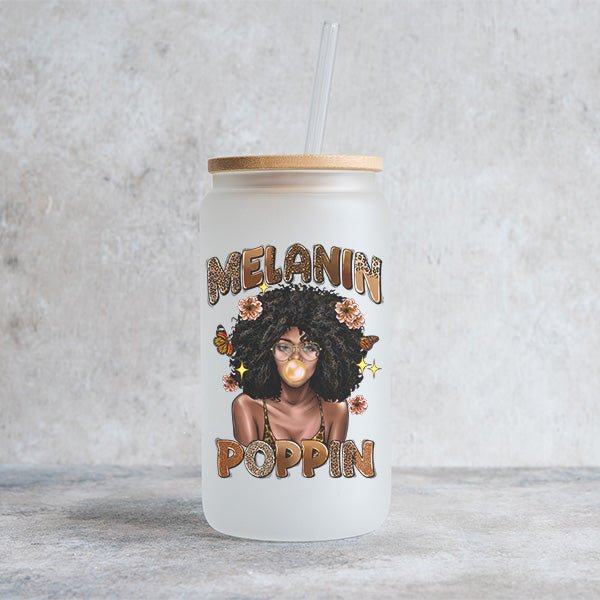 Melanin Poppin Floral and Butterfly Frosted Iced Coffee Glass Tumbler - Gifts Are Blue
