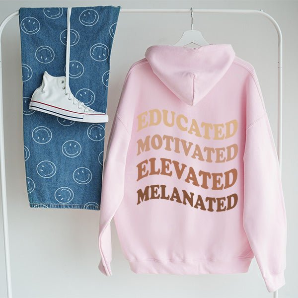 Educated Motivated Elevated Melanated Shirts and Hoodies for Black History Month - Gifts Are Blue