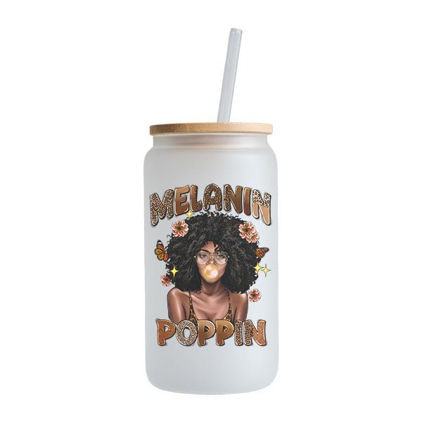 Melanin Poppin Floral and Butterfly Frosted Iced Coffee Glass Tumbler - Gifts Are Blue