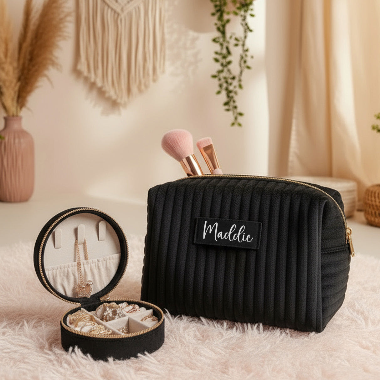 Black makeup bag and jewelry box gift set for teenage girl personalized with name.