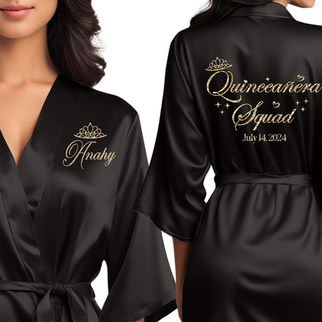 Custom satin robe with glitter for quinceaneras. Personalized satin robes for your quinceanera squad.