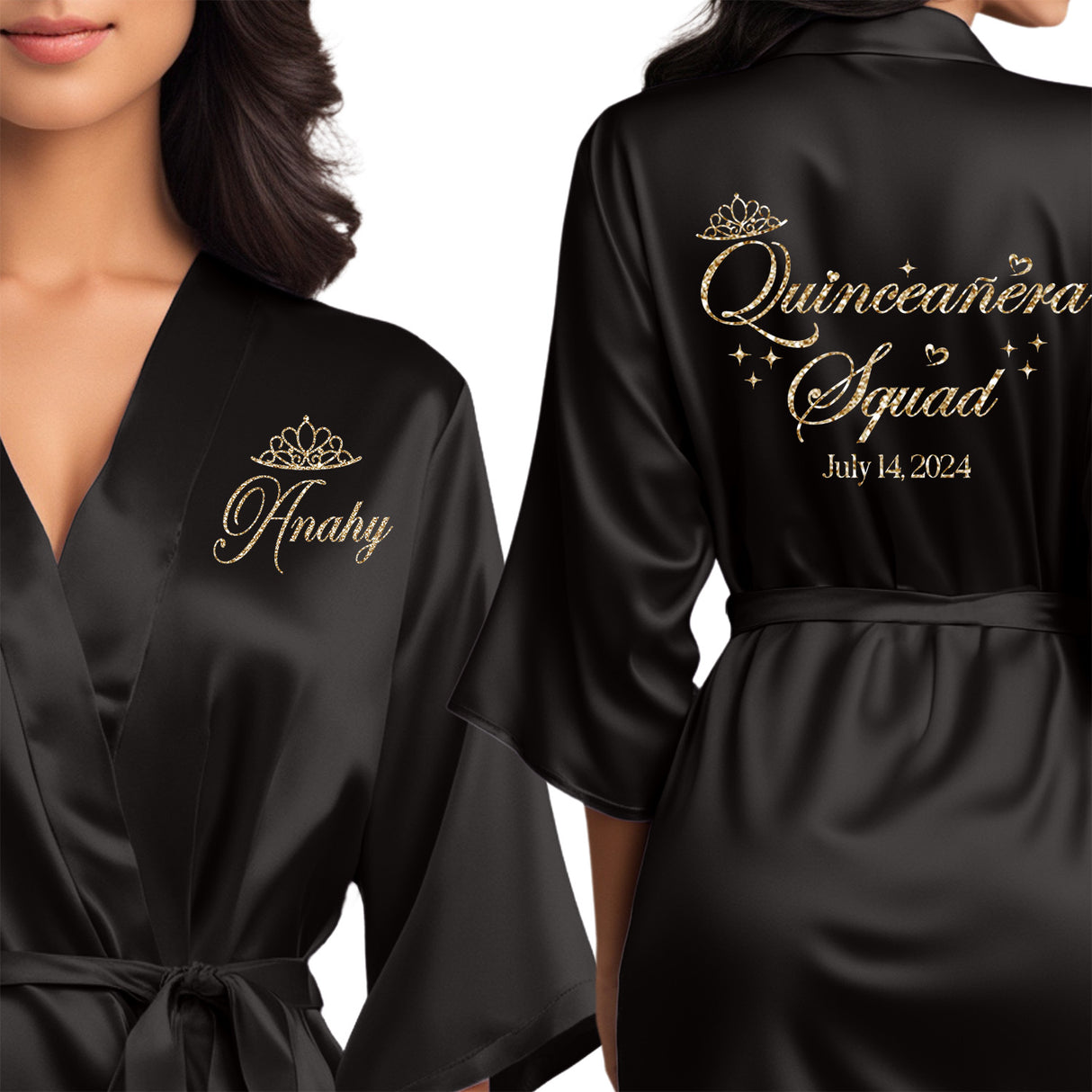 Custom satin robe with glitter for quinceaneras. Personalized satin robes for your quinceanera squad.