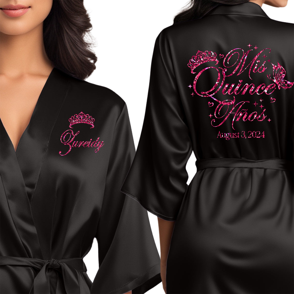 Pretty personalized Mis Quince Anos robes with glitter. Black Quinceanera robes.