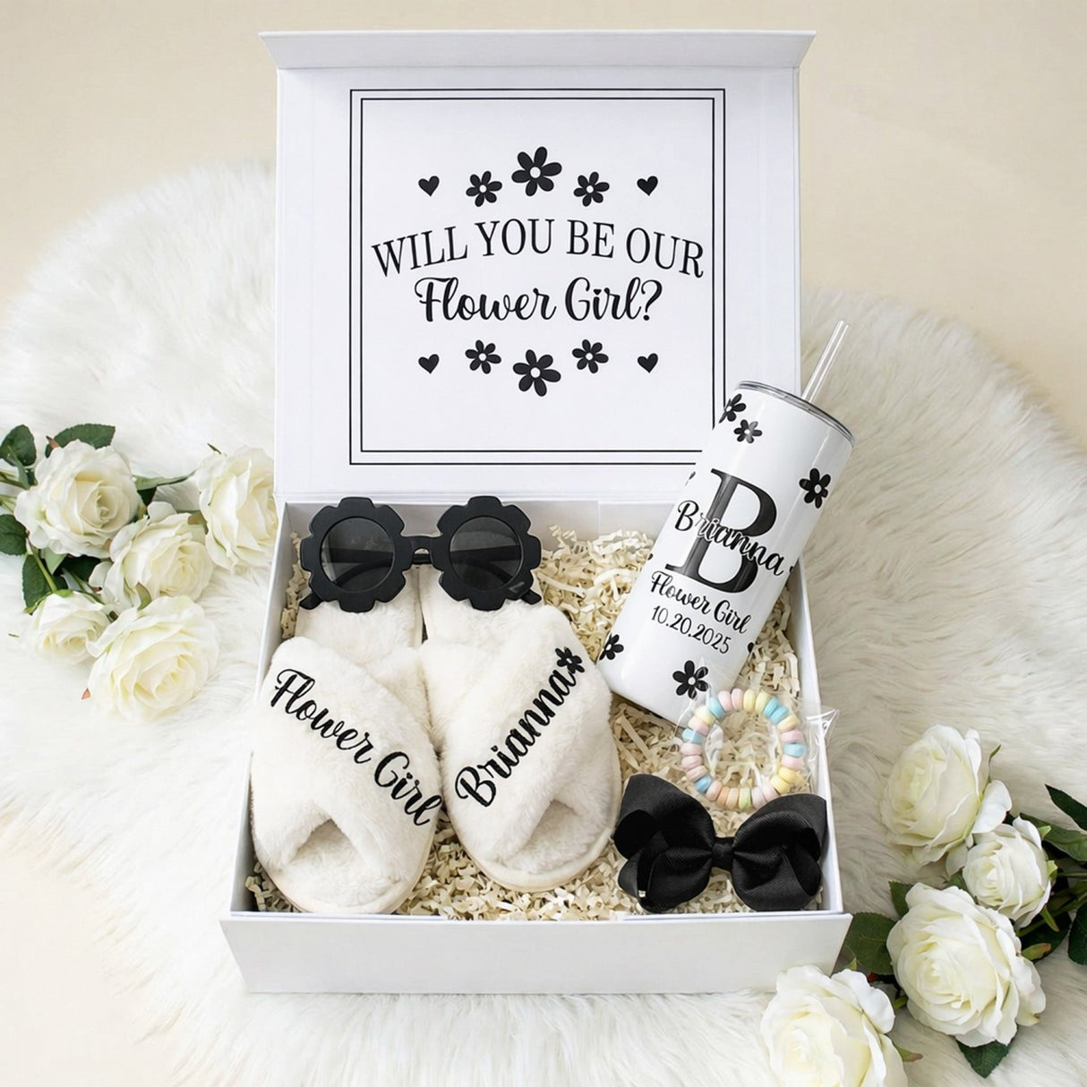 Sweet Pea Flower Girl Proposal Box with Fluffy Slippers & Tumbler - Gifts Are Blue