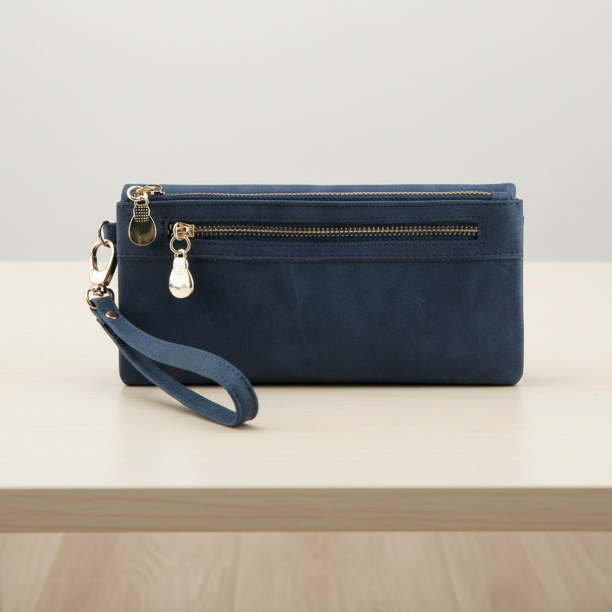 Womens Matte Leather Clutch Wristlet Purse with Double Zipper