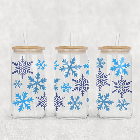 Blue Snowflakes Clear Iced Coffee Glass Tumbler for the Holidays