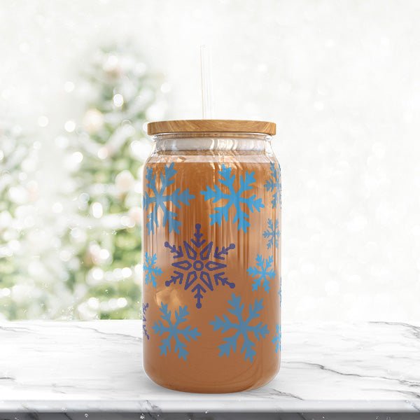 Blue Snowflakes Clear Iced Coffee Glass Tumbler for the Holidays - Gifts Are Blue