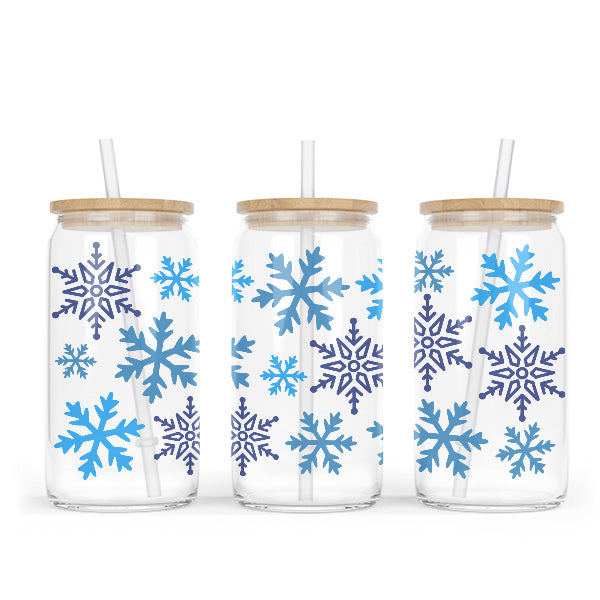 Blue Snowflakes Clear Iced Coffee Glass Tumbler for the Holidays