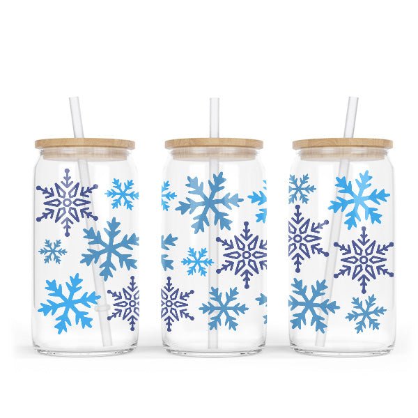 Blue Snowflakes Clear Iced Coffee Glass Tumbler for the Holidays - Gifts Are Blue