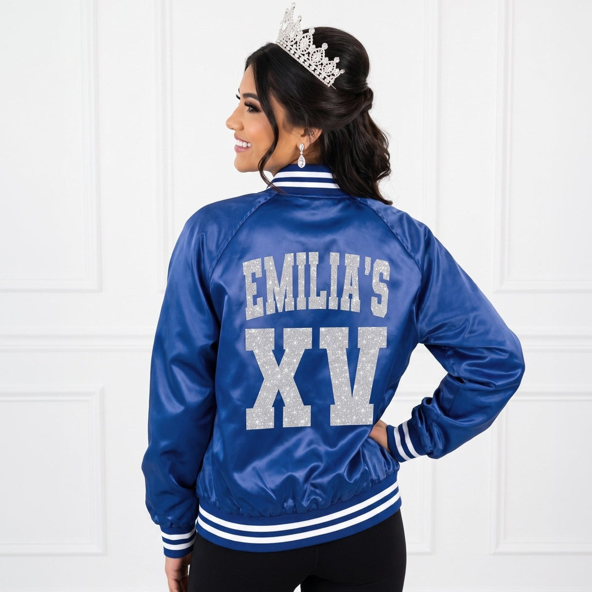 Glitter Quince XV Custom Varsity Baseball Jackets - Gifts Are Blue