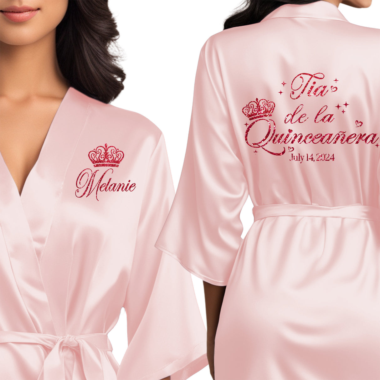 Beautiful quinceanera robes. Personalized satin robes for tia de la quinceanera.