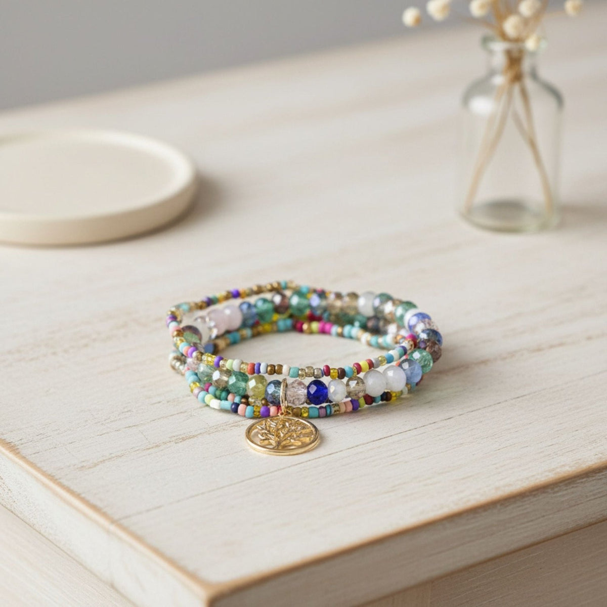 Boho Tree of Life Charm Bracelet for Teens & Young Adults, Three Layers - Gifts Are Blue