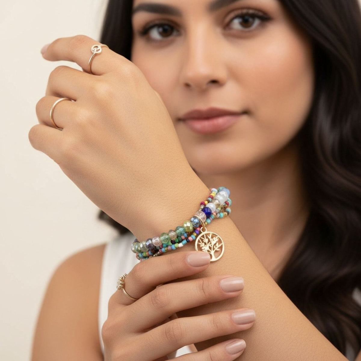 Boho Tree of Life Charm Bracelet for Teens & Young Adults, Three Layers - Gifts Are Blue