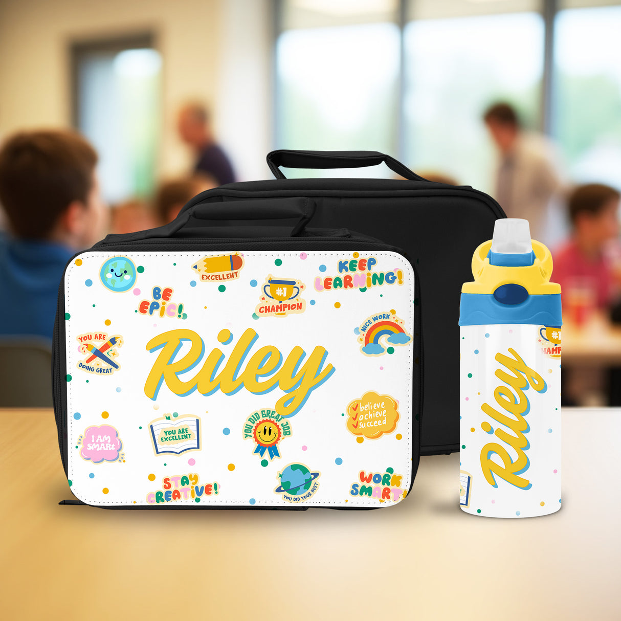 A durable and fun lunch box and water bottle set for boys and girls with positive affirmations and custom name.