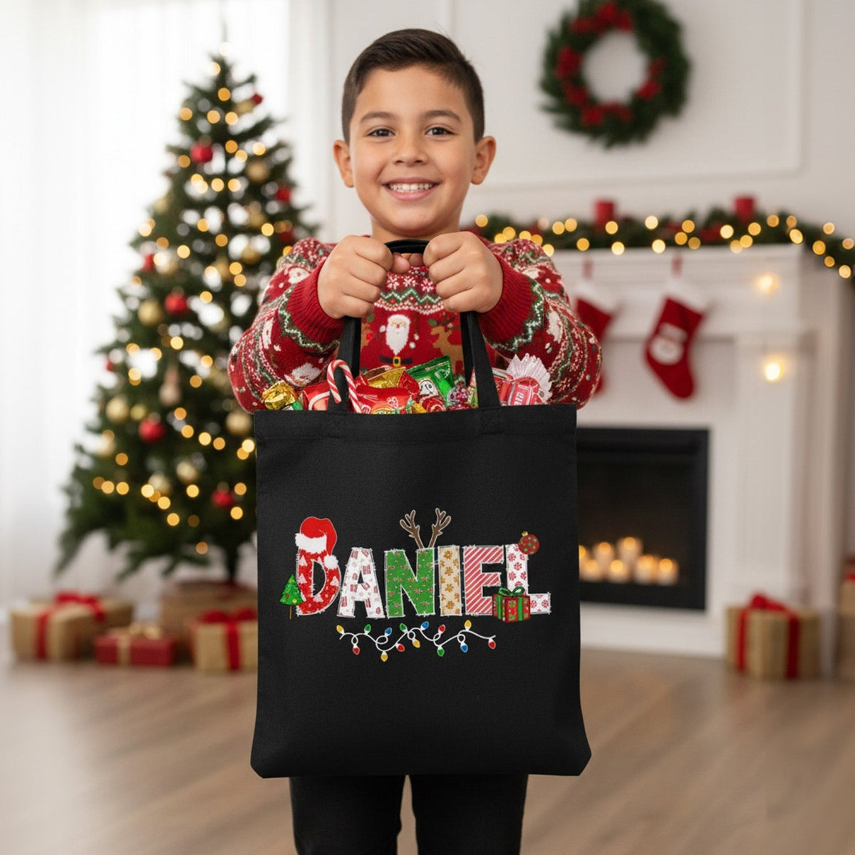 Xmas Alphabet Lights Personalized Christmas Treat Bags for Kids - Gifts Are Blue