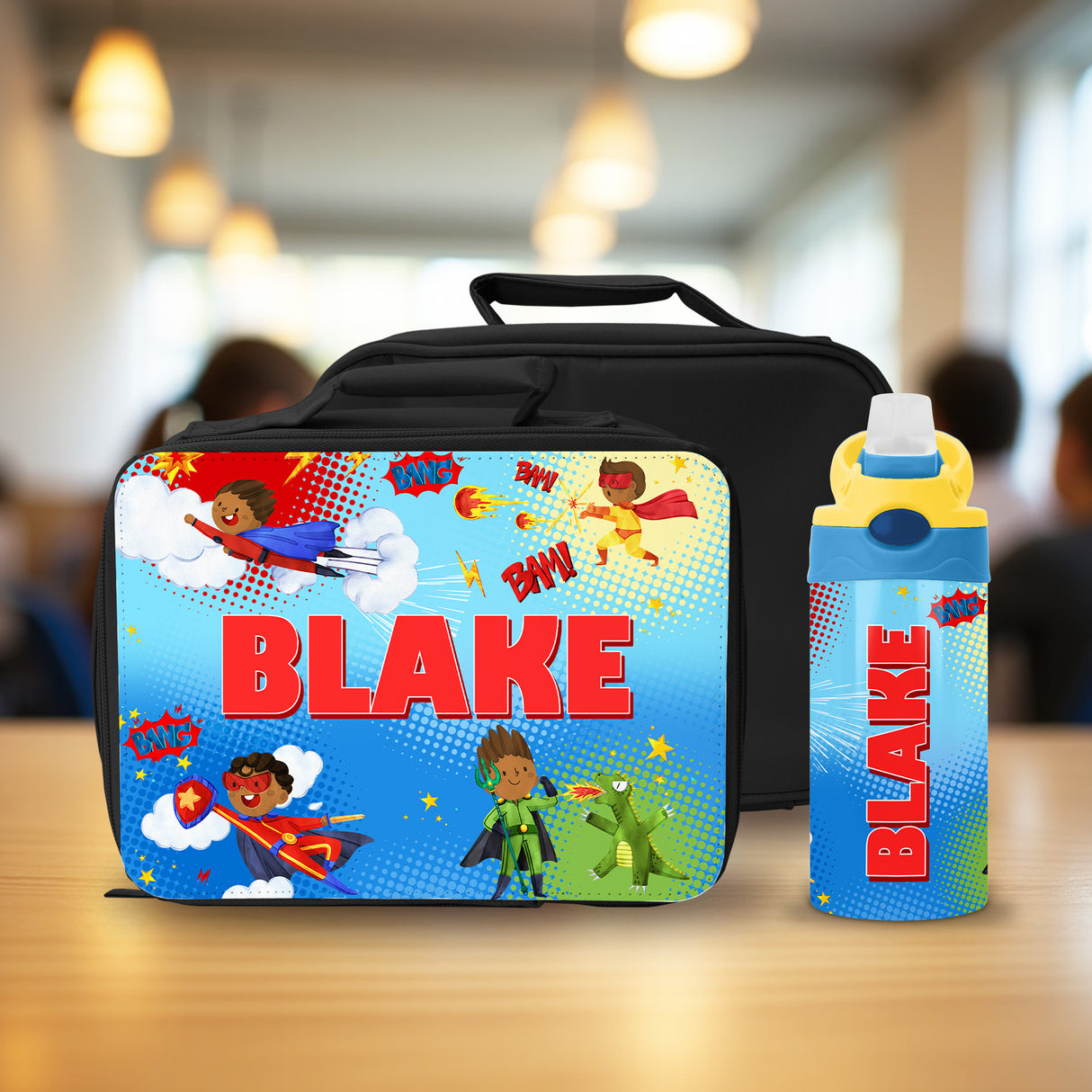 Kids cool personalized superhero lunch box and water bottle, perfect for custom school supplies, and back to school gifts