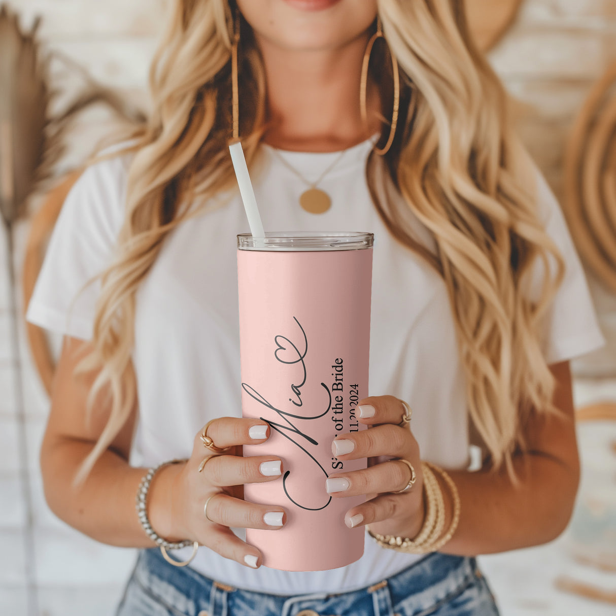 Elegant wedding tumbler for bridesmaids and maid of honor gifts. White skinny tumbler with custom text for bridal shower gift.